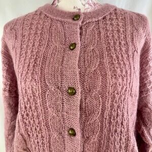 Vintage Mohair Blend Forenza Cable Knit Mauve Purple Pink Cardigan Sweater Large